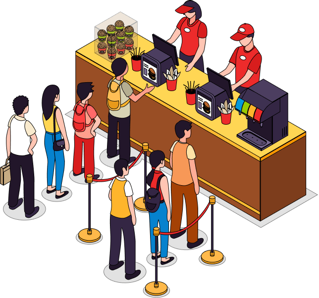 Illustration of people waiting in line to order in a fast-food restauranr